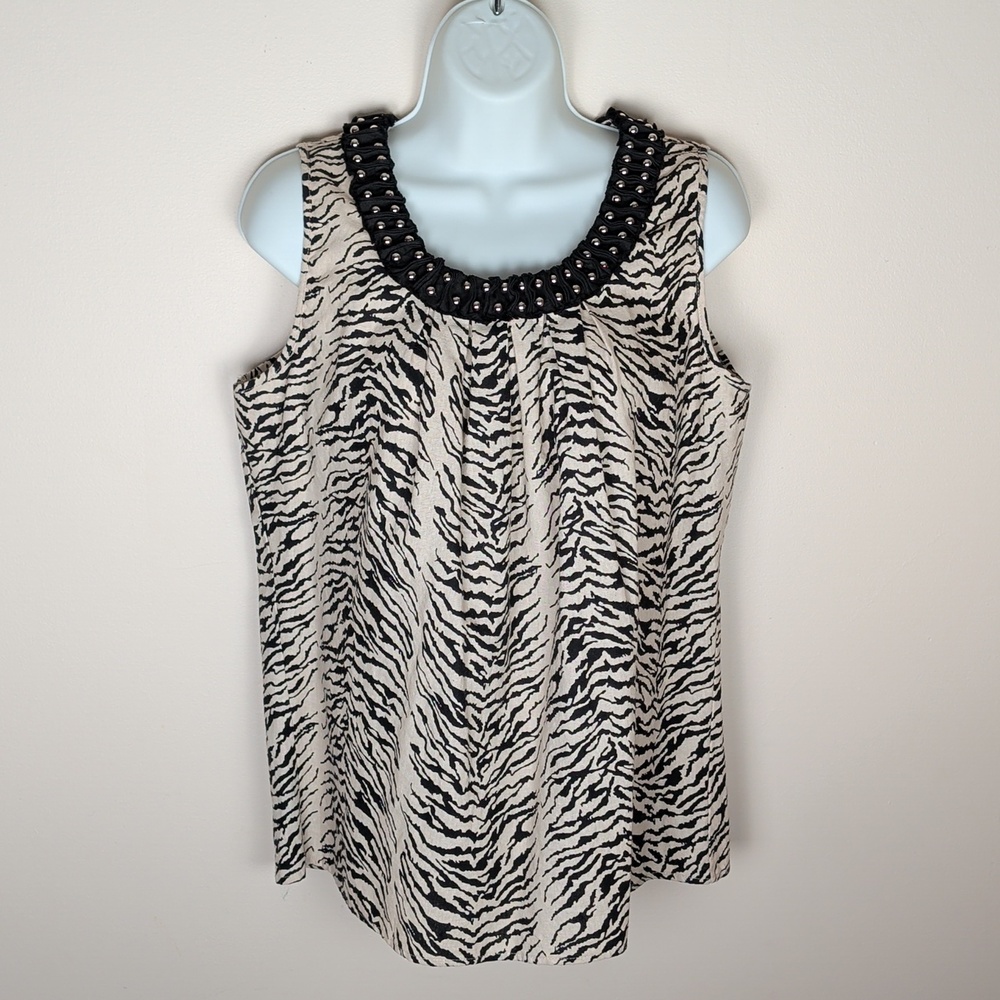 Sarah Spencer Linen Blend Zebra Print Mobwife Studded Tank L